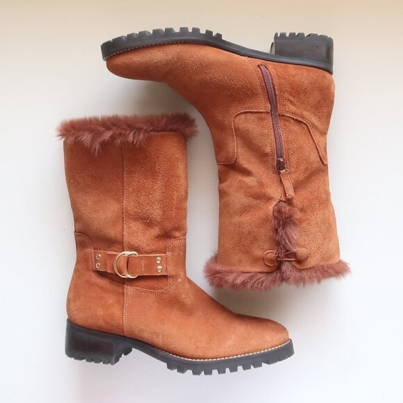 Talbots Tan / Light Brown Suede Leather & Fur Tall Half Calf Winter Boots Sz 7.5 - Picture 9 of 16